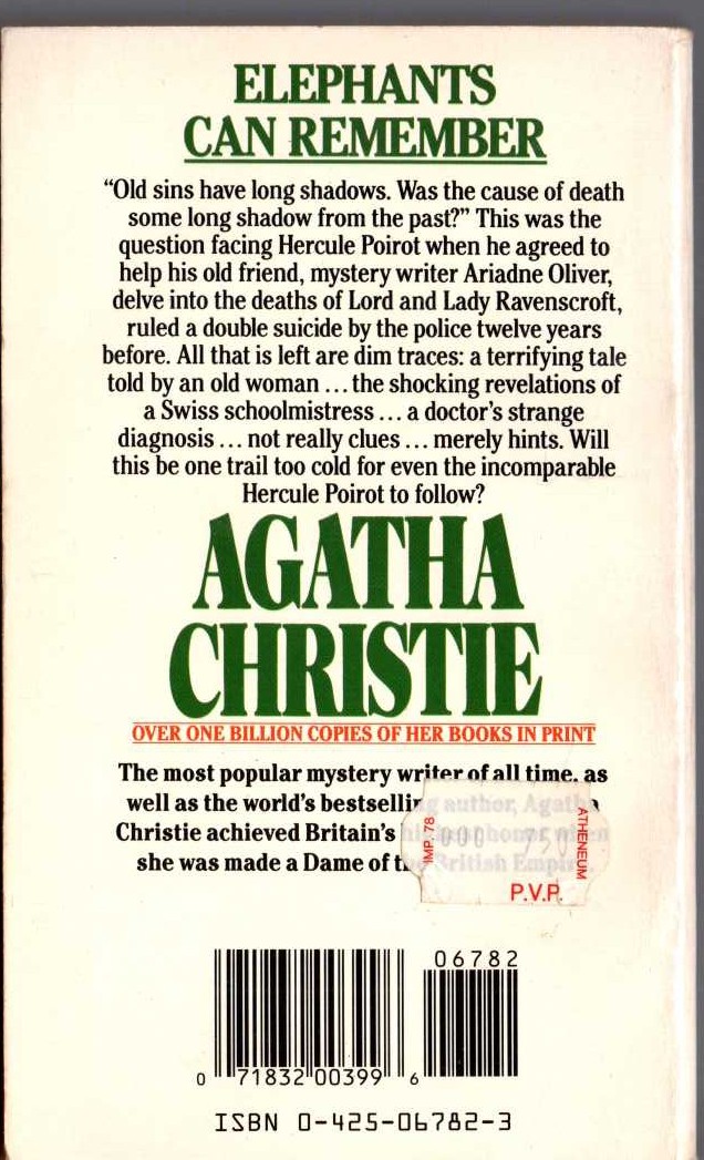 Agatha Christie  ELEPHANTS CAN REMEMBER magnified rear book cover image