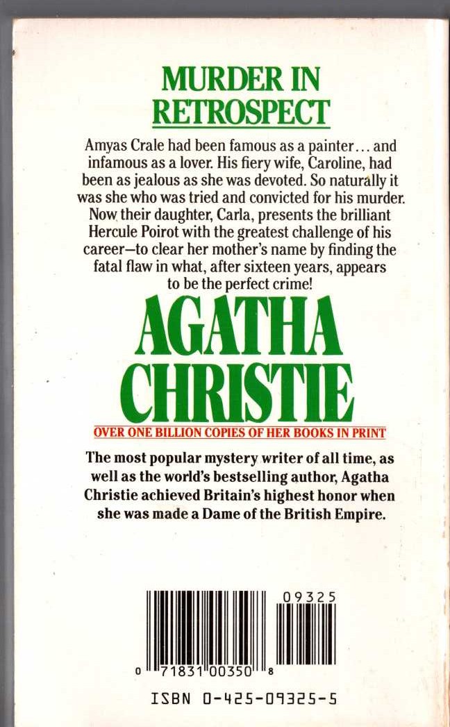 Agatha Christie  MURDER IN RETROSPECT magnified rear book cover image
