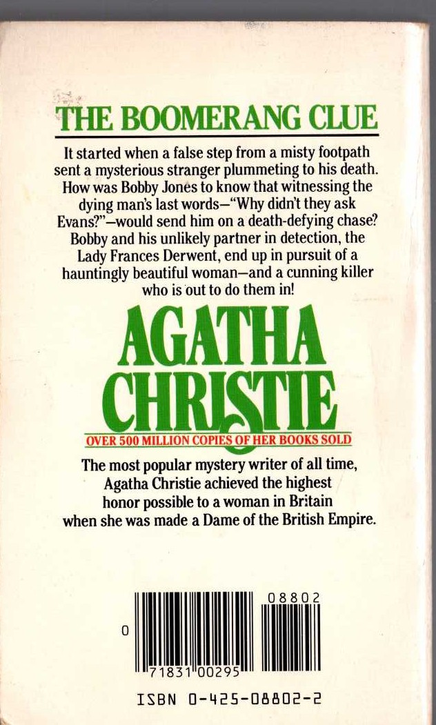 Agatha Christie  THE BOOMERANG CLUE magnified rear book cover image