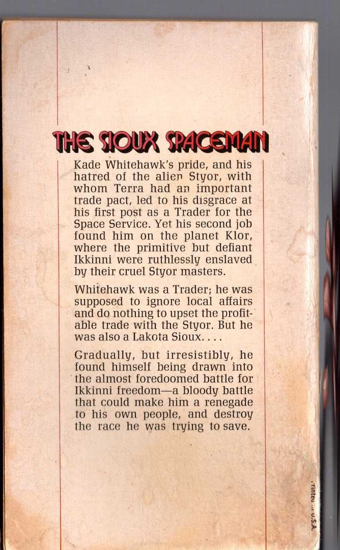Andre Norton  THE SIOUX SPACEMAN magnified rear book cover image