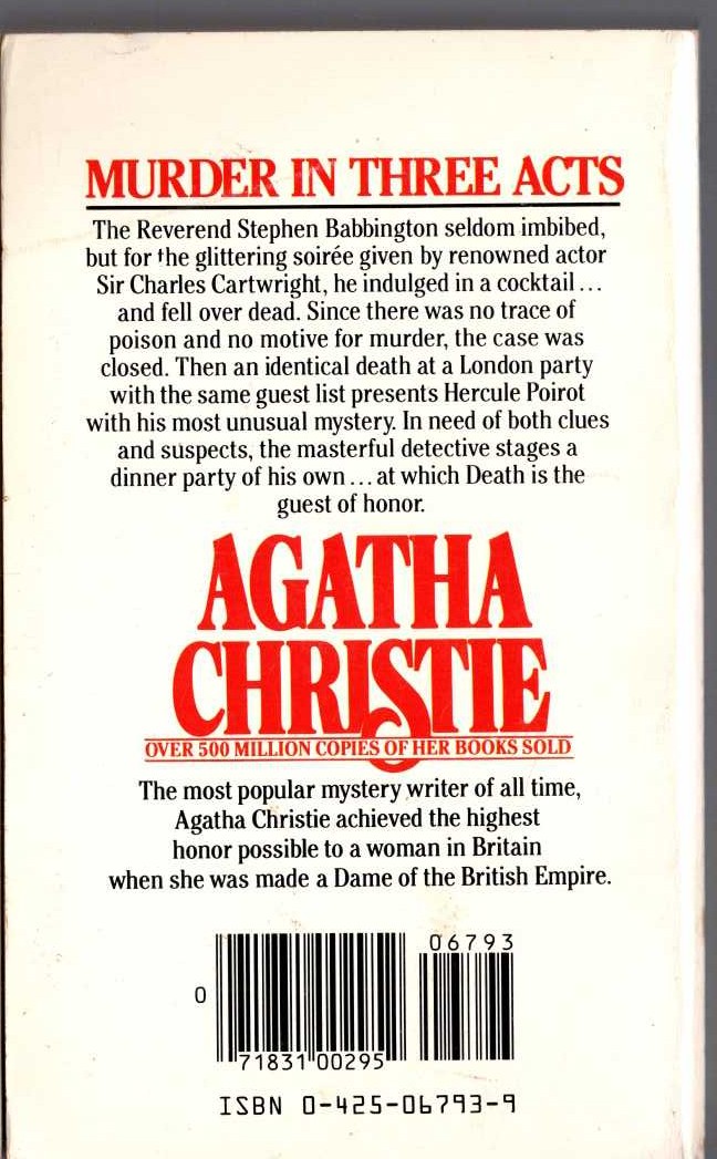 Agatha Christie  MURDER IN THREE ACTS magnified rear book cover image
