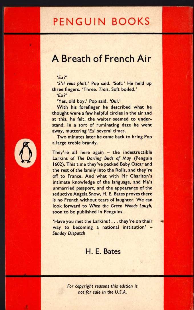 H.E. Bates  A BREATH OF FRENCH AIR magnified rear book cover image