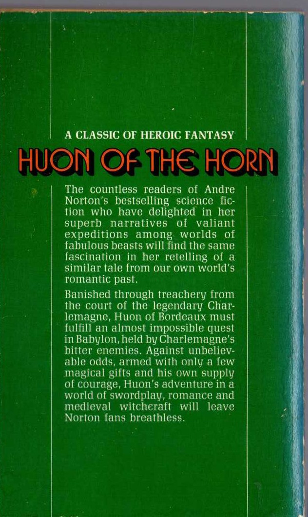 Andre Norton  HUON OF THE HORN magnified rear book cover image