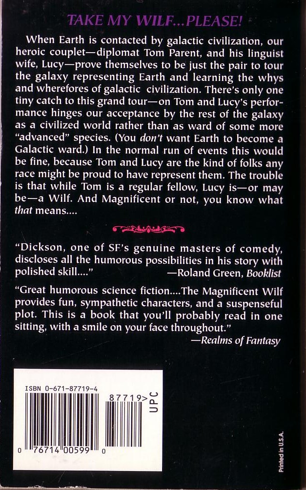 Gordon R. Dickson  THE MAGNIFICENT WILF magnified rear book cover image