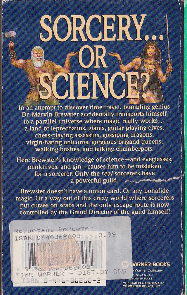 Simon Hawke  THE RELUCTANT SORCERER magnified rear book cover image