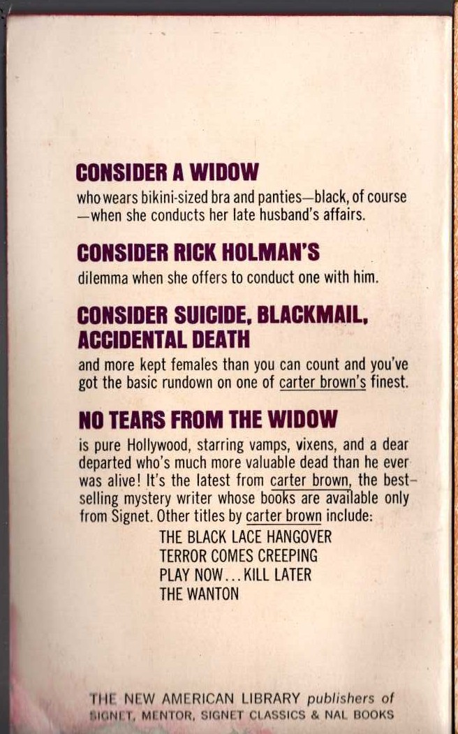 Carter Brown  NO TEARS FROM THE WIDOW magnified rear book cover image