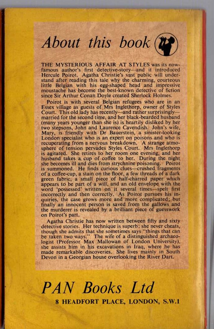 Agatha Christie  THE MYSTERIOUS AFFAIR AT STYLES magnified rear book cover image