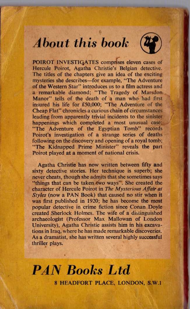 Agatha Christie  POIROT INVESTIGATES magnified rear book cover image