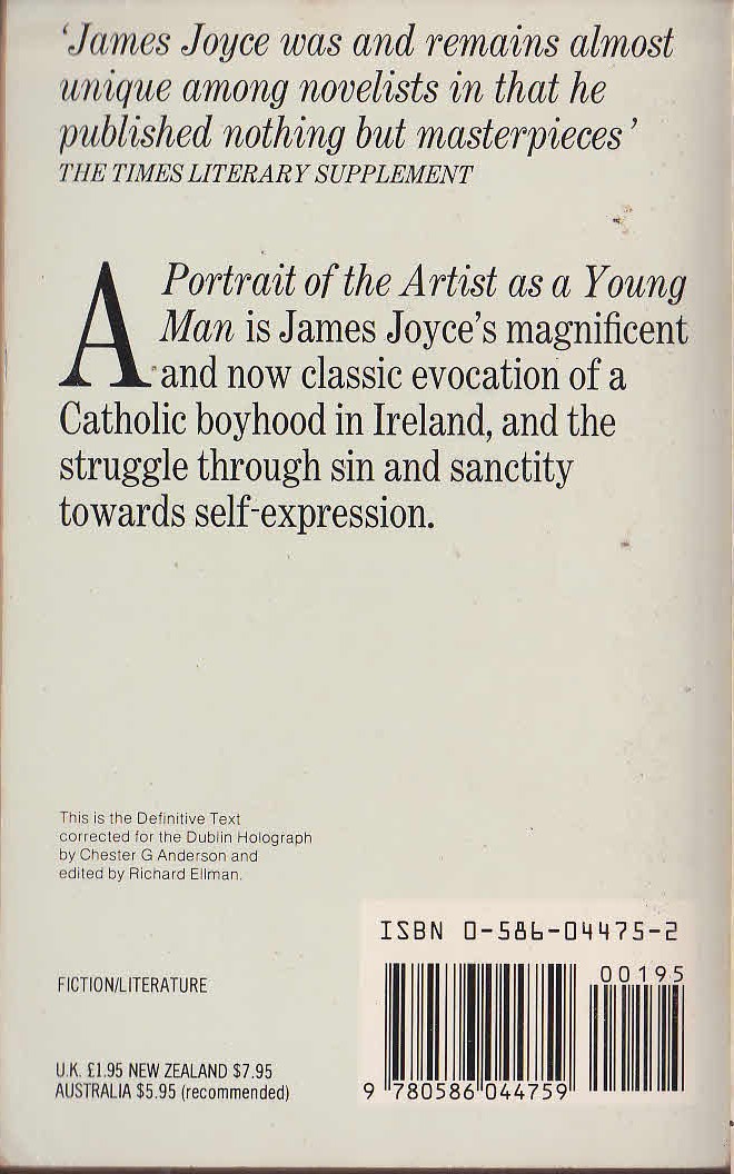 James Joyce  A PORTRAIT OF THE ARTIST AS A YOUNG MAN magnified rear book cover image