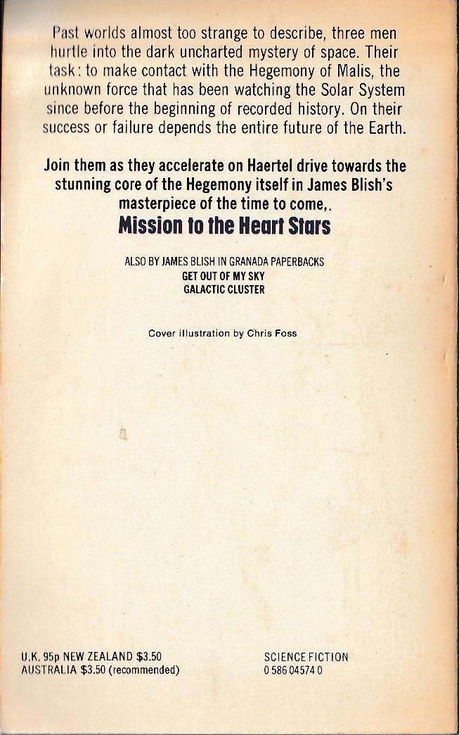 James Blish  MISSION TO THE HEART STARS magnified rear book cover image
