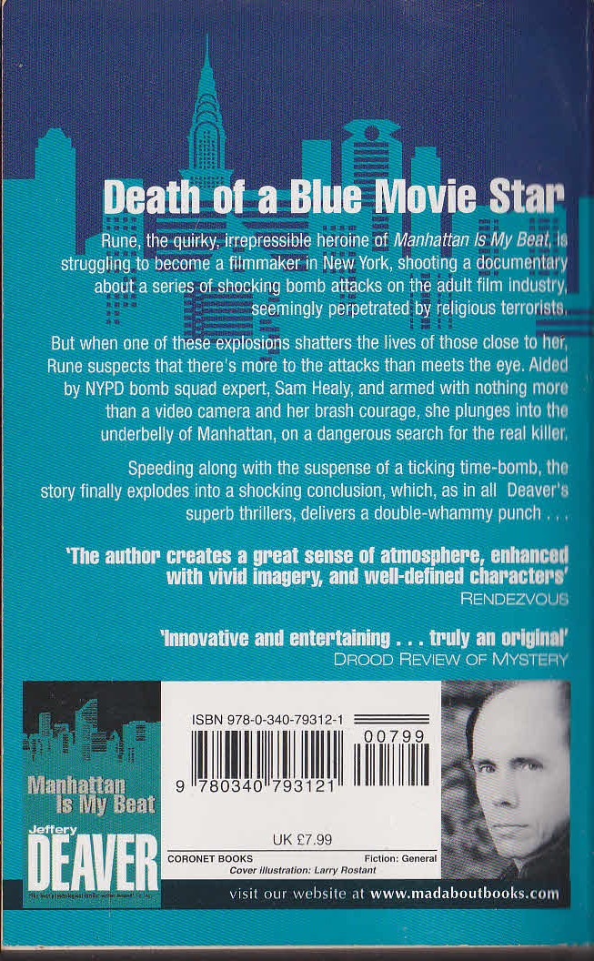 Jeffery Deaver  DEATH OF A BLUE MOVIE STAR magnified rear book cover image