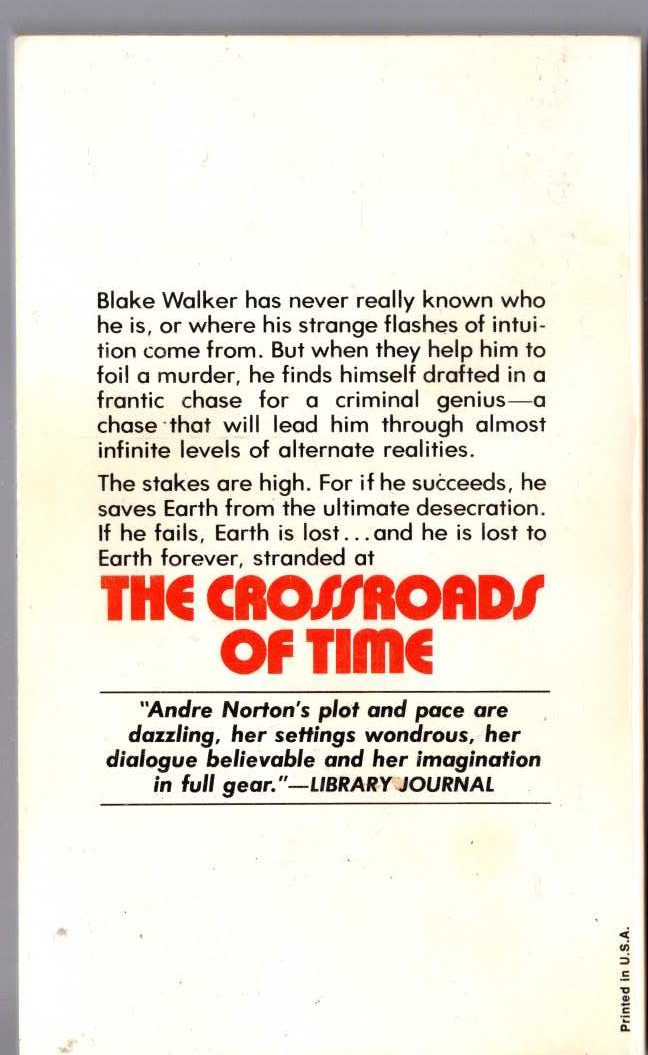 Andre Norton  THE CROSSROADS OF TIME magnified rear book cover image