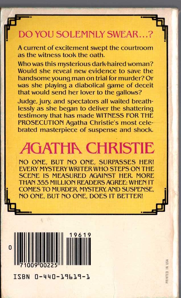 Agatha Christie  WITNESS FOR THE PROSECUTION magnified rear book cover image