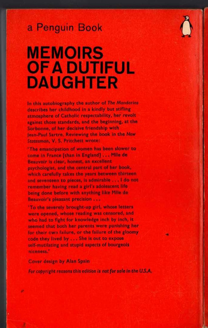 Simone de Beauvoir  MEMOIRS OF A DUTIFUL DAUGHTER magnified rear book cover image