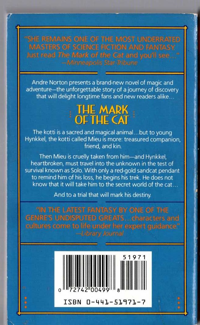 Andre Norton  THE MARK OF THE CAT magnified rear book cover image