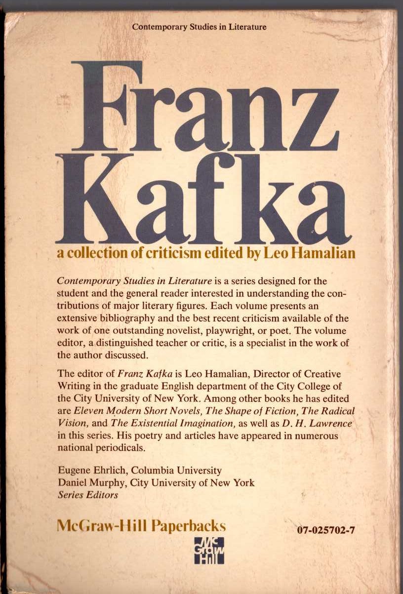 (Leo Hamalian edits) FRANZ KAFKA. a collection of criticism magnified rear book cover image