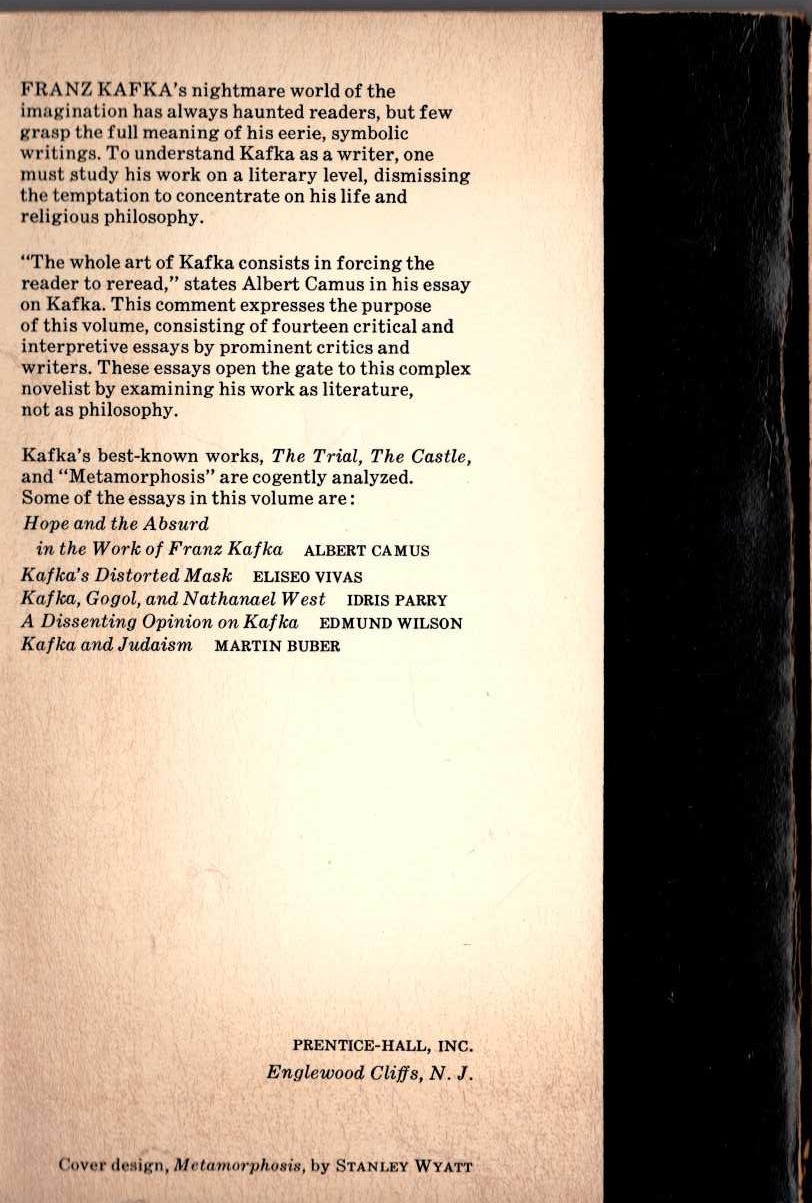 (Ronald Gray edits) KAFKA. A Collection of Critical Essays magnified rear book cover image