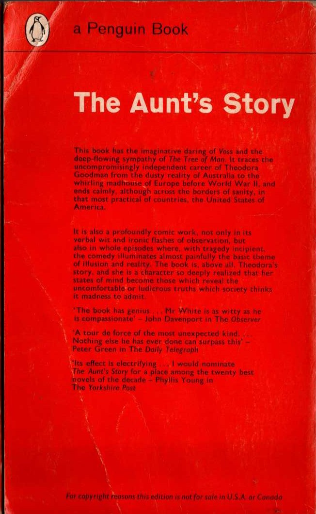 Patrick White  THE AUNT'S STORY magnified rear book cover image