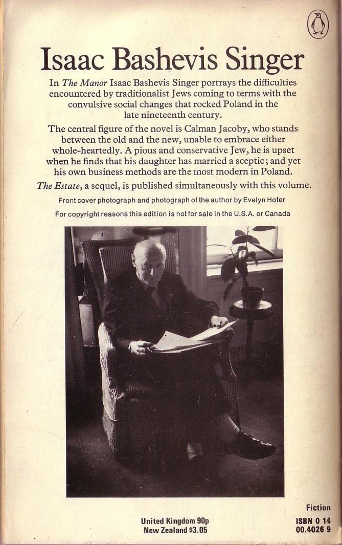 Isaac Bashevis Singer  THE MANOR magnified rear book cover image