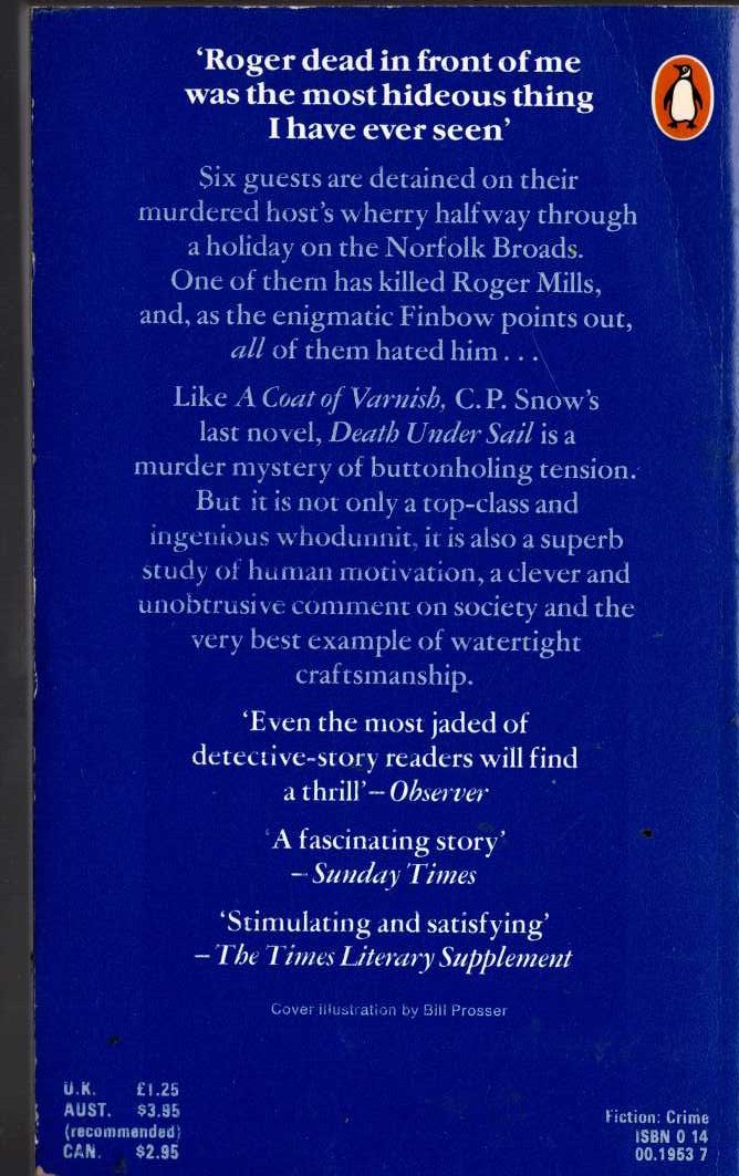 C.P. Snow  DEATH UNDER SAIL (Crime fiction) magnified rear book cover image