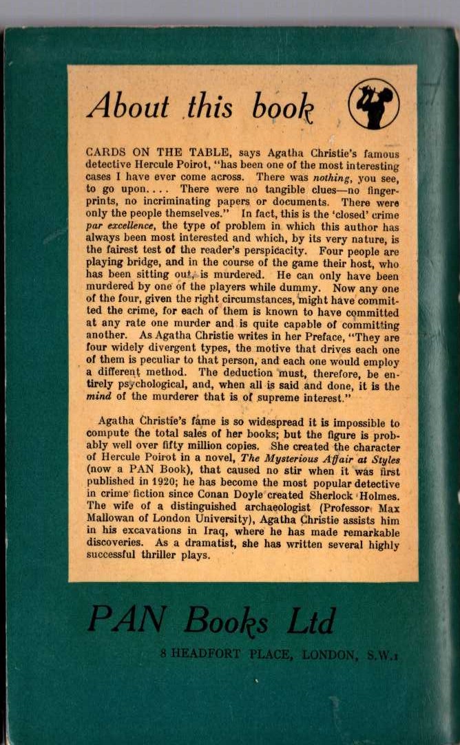 Agatha Christie  CARDS ON THE TABLE magnified rear book cover image