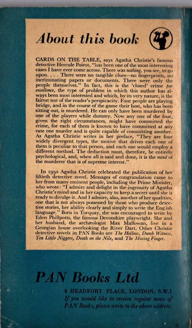Agatha Christie  CARDS ON THE TABLE magnified rear book cover image