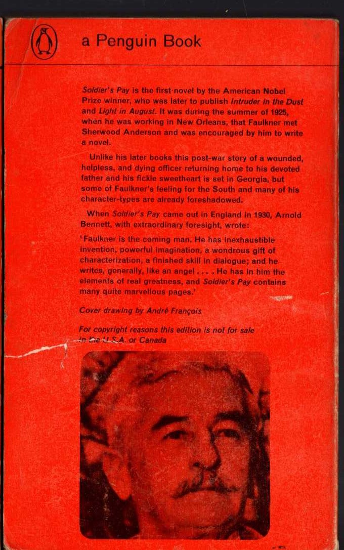 William Faulkner  SOLDIERS' PAY magnified rear book cover image