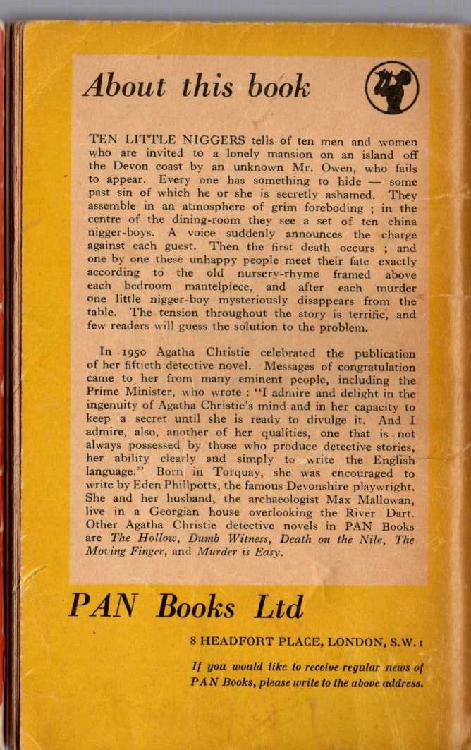 Agatha Christie  TEN LITTLE NIGGERS magnified rear book cover image