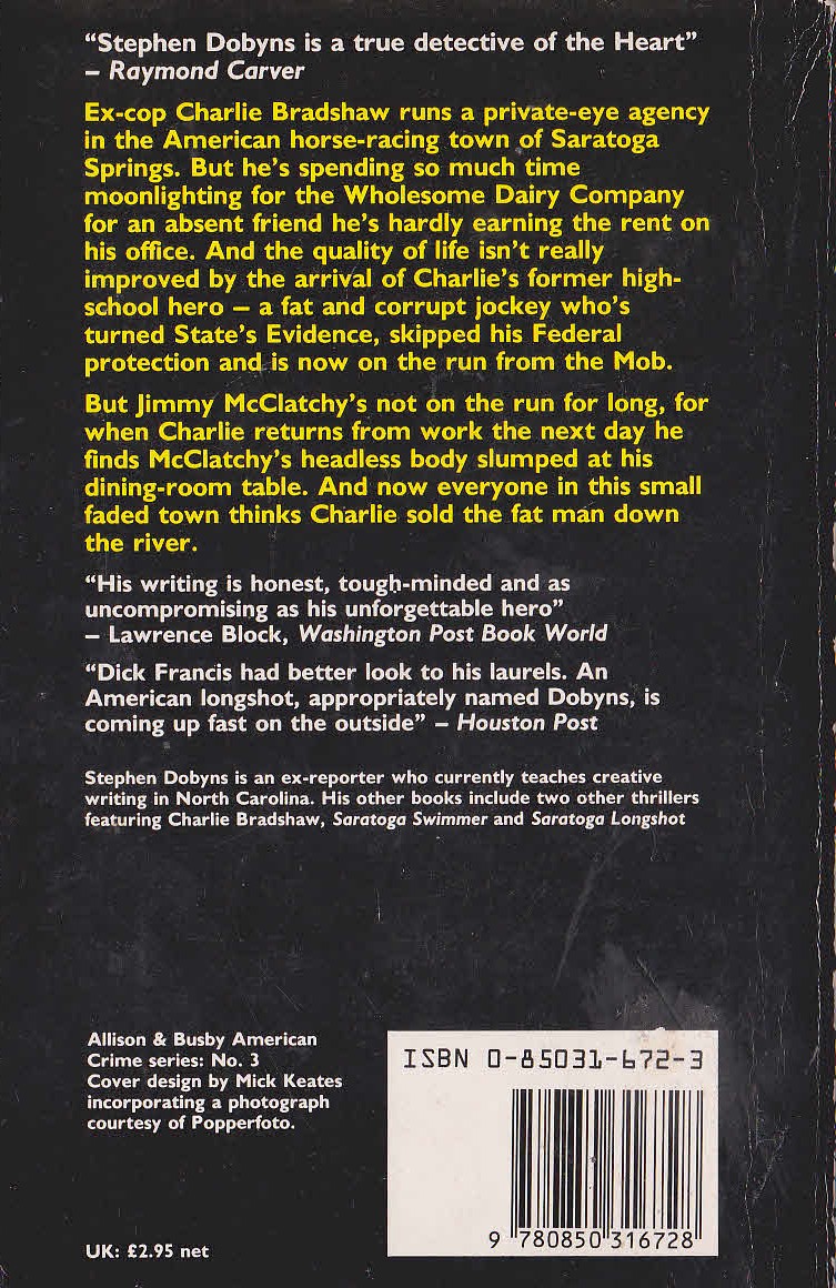 Stephen Dobyns  SARATOGA HEADHUNTER magnified rear book cover image