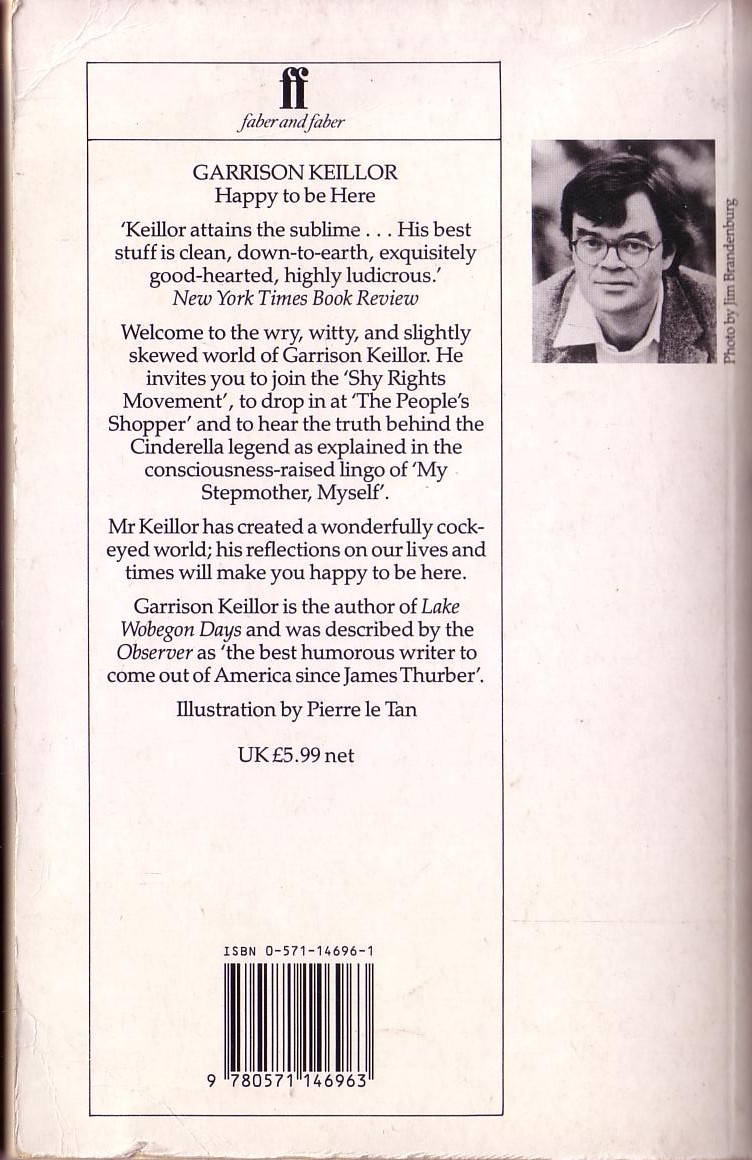 Garrison Keillor  HAPPY TO BE HERE magnified rear book cover image
