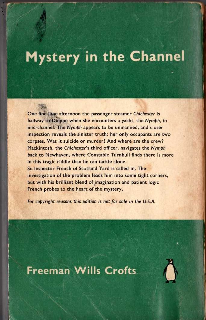 Freeman Wills Crofts  MYSTERY IN THE CHANNEL magnified rear book cover image