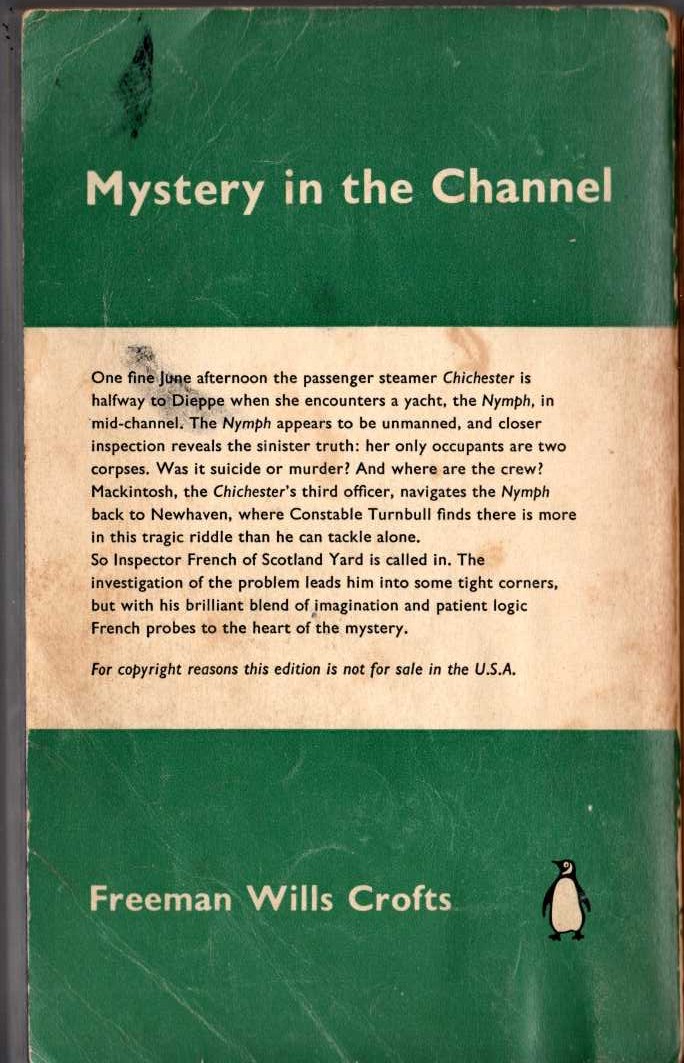 Freeman Wills Crofts  MYSTERY IN THE CHANNEL magnified rear book cover image
