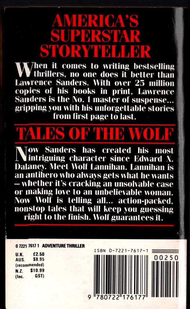 Lawrence Sanders  TALES OF THE WOLF magnified rear book cover image