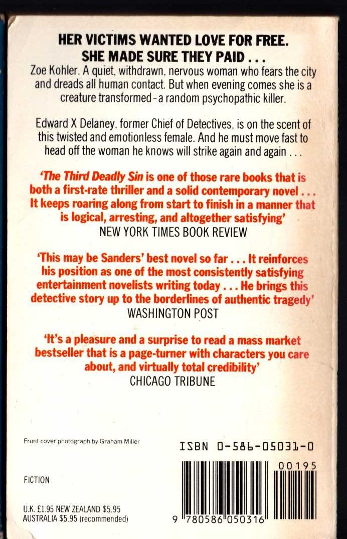 Lawrence Sanders  THE THIRD DEADLY SIN magnified rear book cover image