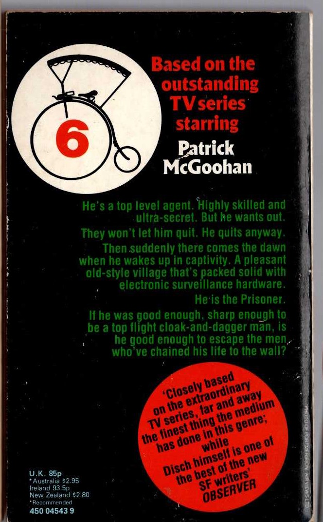 Thomas M. Disch  THE PRISONER (Patrick McGoohan) magnified rear book cover image