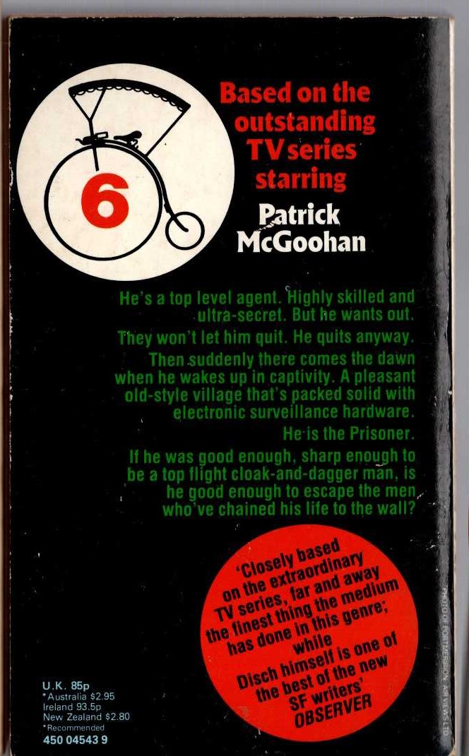 Thomas M. Disch  THE PRISONER (Patrick McGoohan) magnified rear book cover image