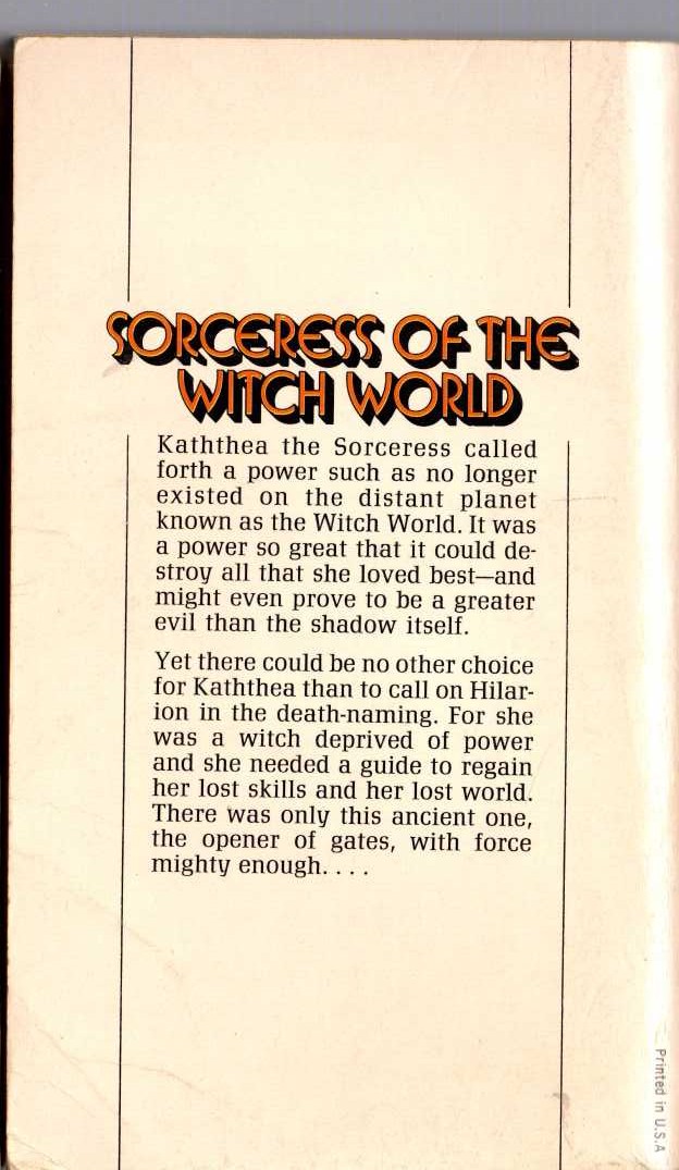 Andre Norton  SORCERESS OF THE WITCH WORLD magnified rear book cover image