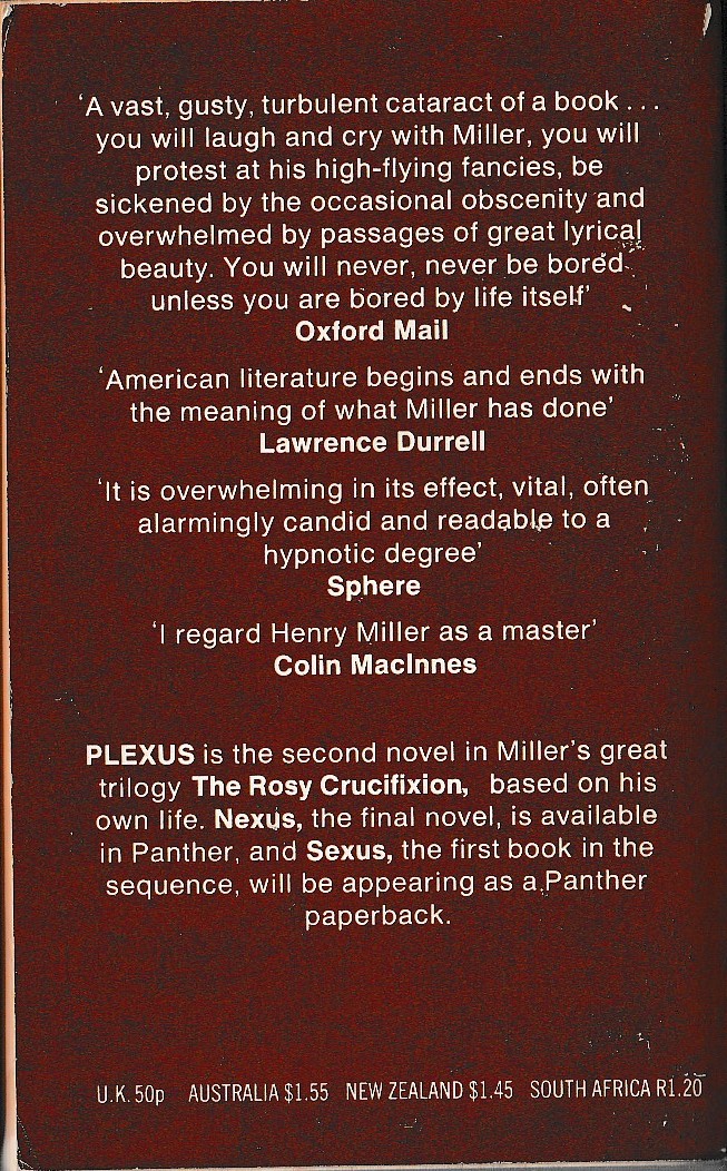Henry Miller  PLEXUS magnified rear book cover image