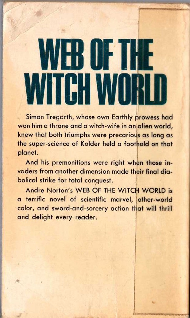 Andre Norton  WEB OF THE WITCH WORLD magnified rear book cover image