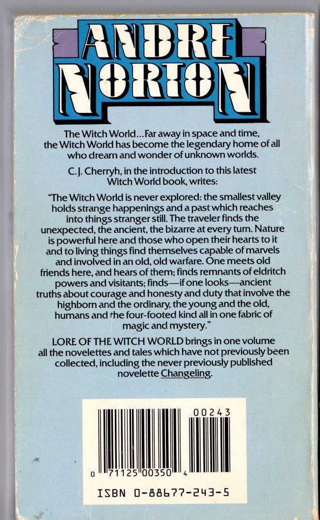 Andre Norton  LORE OF THE WITCH WORLD magnified rear book cover image