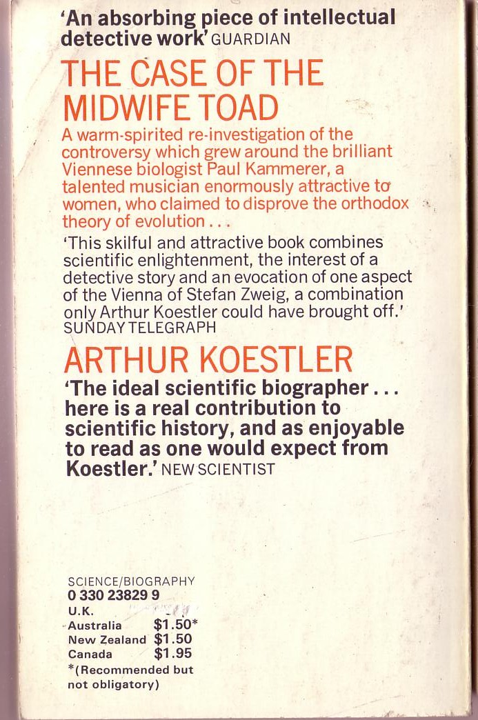 Arthur Koestler  THE CASE OF THE MIDWIFE TOAD (non-fiction) magnified rear book cover image