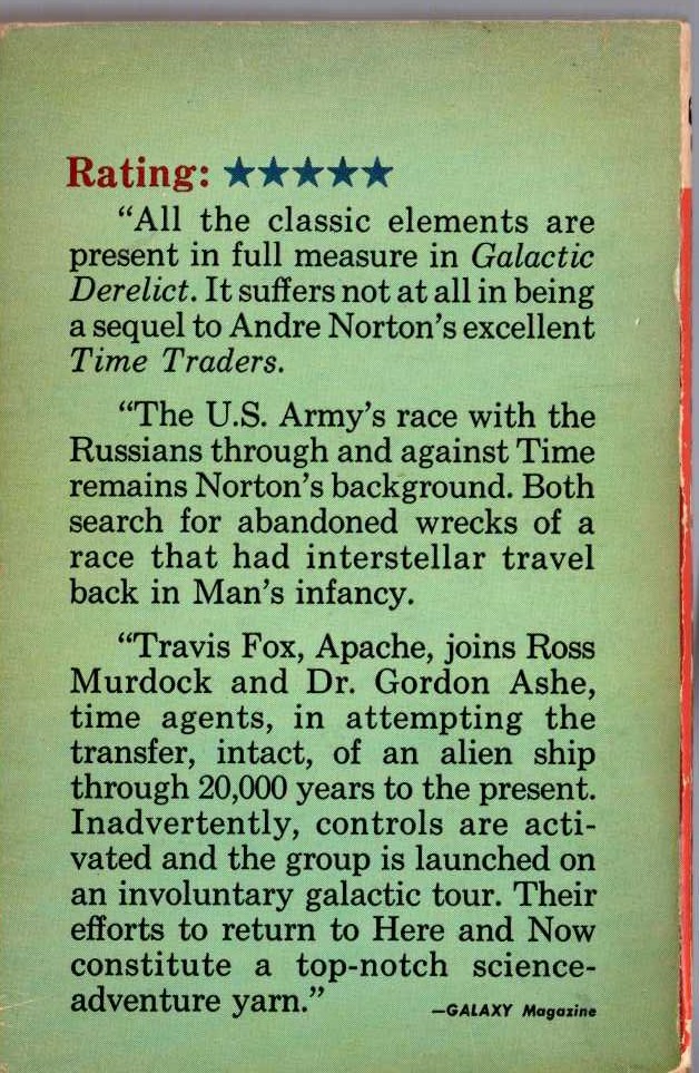 Andre Norton  GALACTIC DERELICT magnified rear book cover image