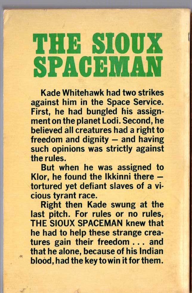 Andre Norton  THE SIOUX SPACEMAN magnified rear book cover image