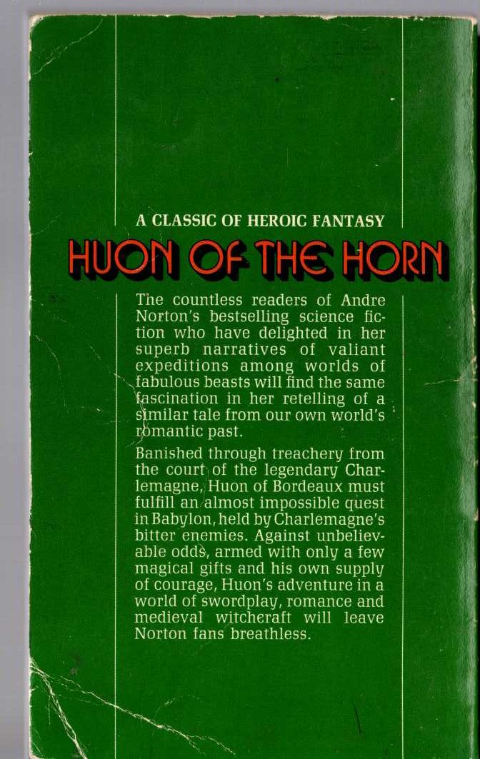 Andre Norton  HUON OF THE HORN magnified rear book cover image