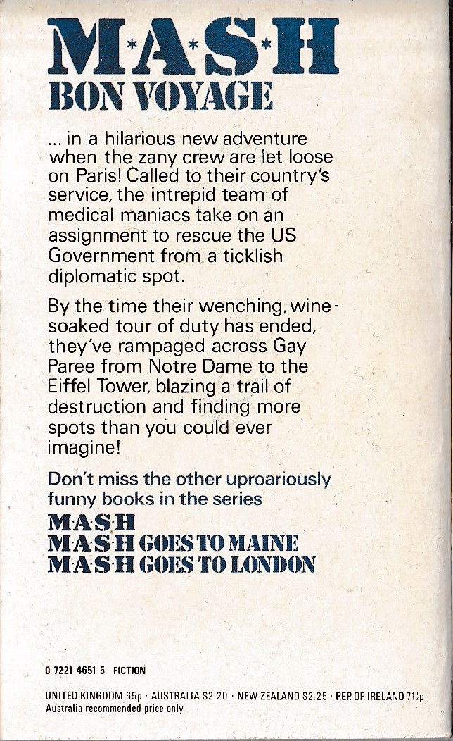 Richard Hooker  MASH GOES TO PARIS magnified rear book cover image