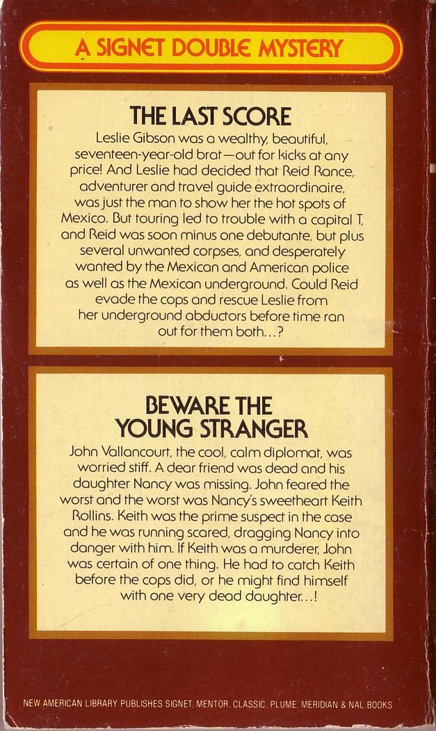 Ellery Queen  THE LAST SCORE and BEWARE THE YOUNG STRANGER magnified rear book cover image