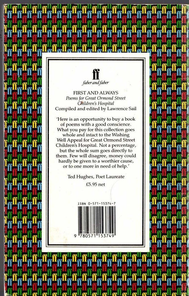 Lawrence Sail (comiles_and_edits) FIRST AND ALWAYS. Poems for Great Ormond Street Children's Hospital magnified rear book cover image