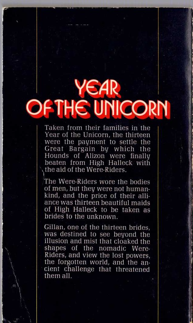 Andre Norton  YEAR OF THE UNICORN magnified rear book cover image