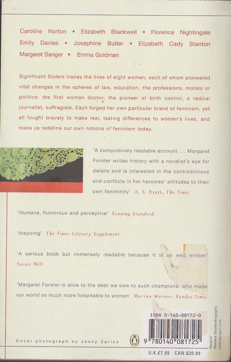 Margaret Forster  SIGNIFICANT SISTERS (the grassroots of active feminism 1839-1939) magnified rear book cover image