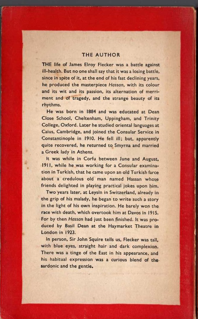 James Elroy Flecker  HASSAN magnified rear book cover image